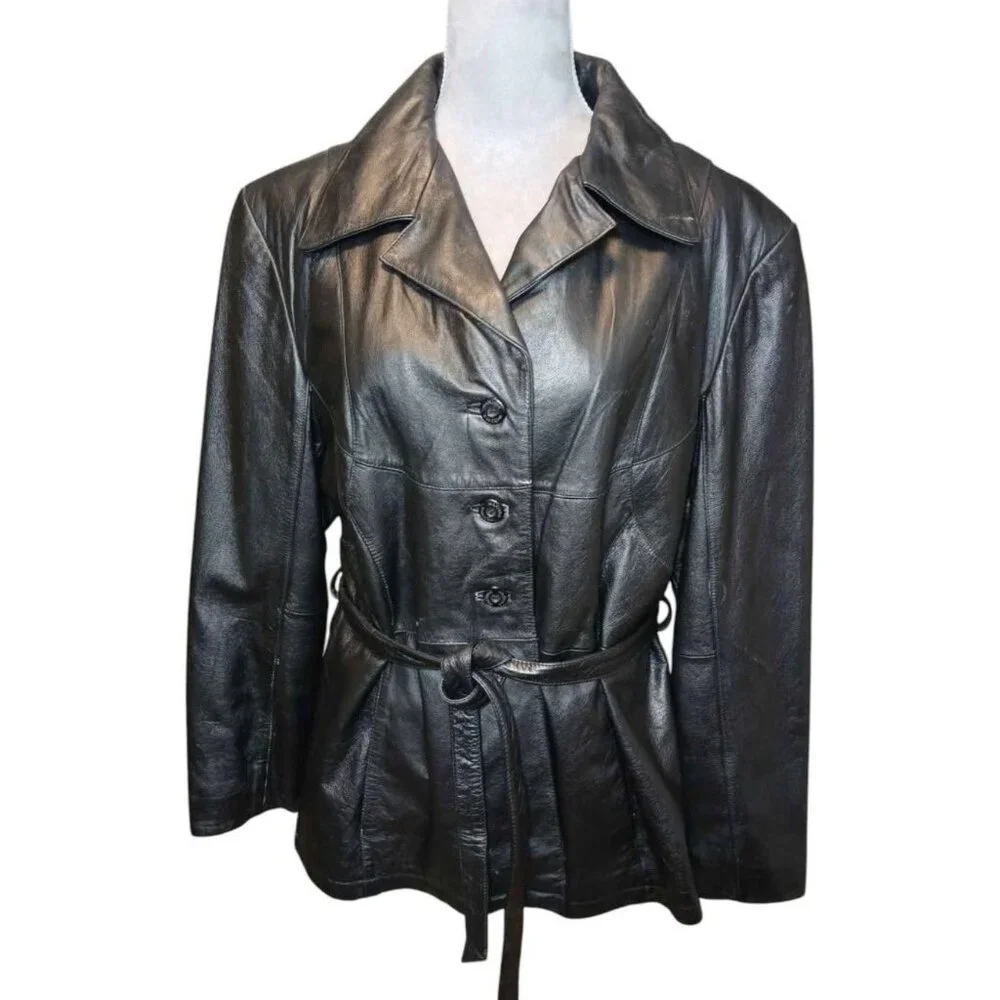 Vintage Wilsons MAXIMA Leather Jacket Womens XL Black Retro 90s Belted Button Up - Picture 1 of 6